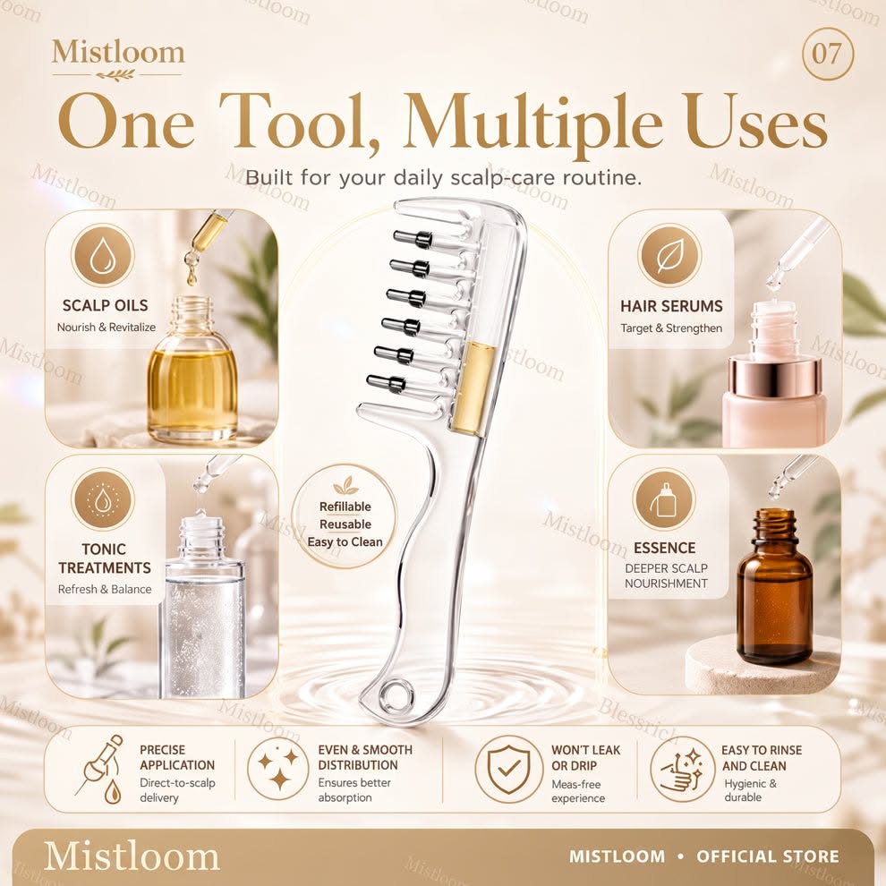 Scalp Oil & Serum Applicator Comb – Refillable Liquid Dispensing Massage Comb